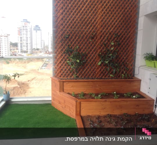 גינת ירק במרפסת עם אדניות עץ וצמחים מטפסים